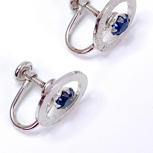 VTG Sterling Silver 50s Signed A&Z Earrings Blue Rhinestone Modernist Screw Back - Picture 11 of 11
